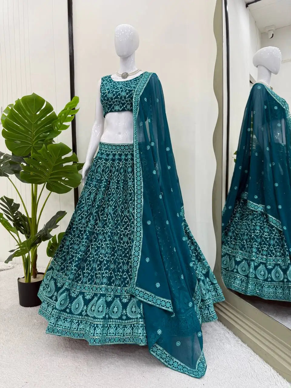 Light Sea Green Thread Embroidered Lehenga – Sequins Work, Faux Georgette, 3.5M Flair Kalyanja